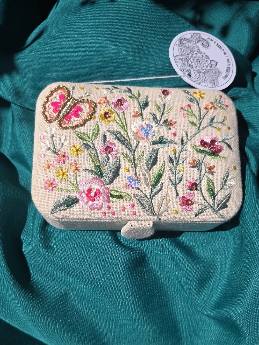 Embroidered Beaded Floral Jewelry Box with Pink Butterfly